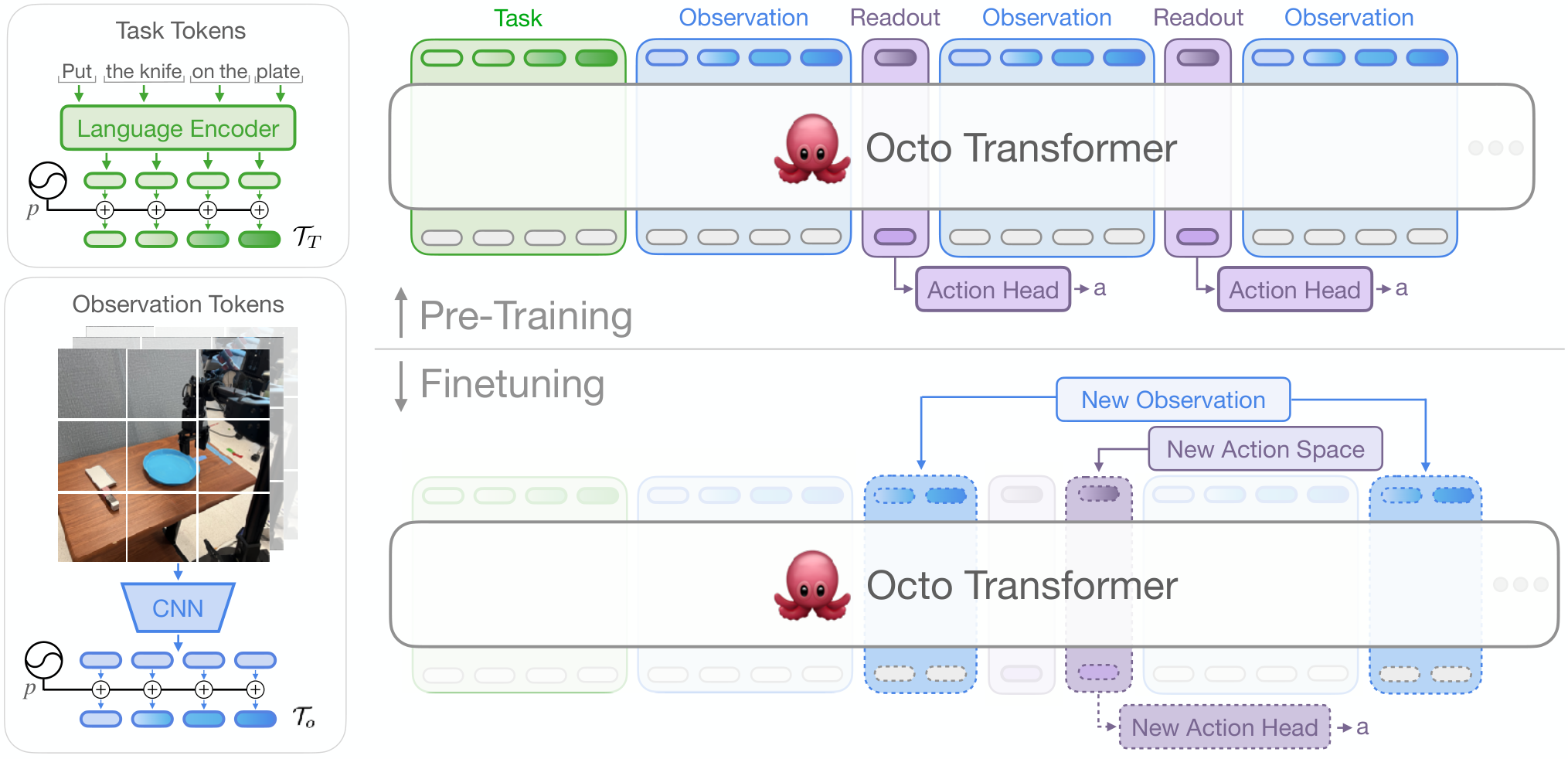 Figure 3.1: Octo가 언어·영상 관측을 토큰화하고 transformer와 행동 헤드로 연결하며, 미세조정 때 새 관측과 행동공간을 붙이는 구조. 범용 정책도 관측·행동 어댑터를 가진 가치사슬의 한 계층임을 보여줍니다. 출처: Octo Team et al. 2024, arXiv:2405.12213 Fig. 0, CC BY 4.0